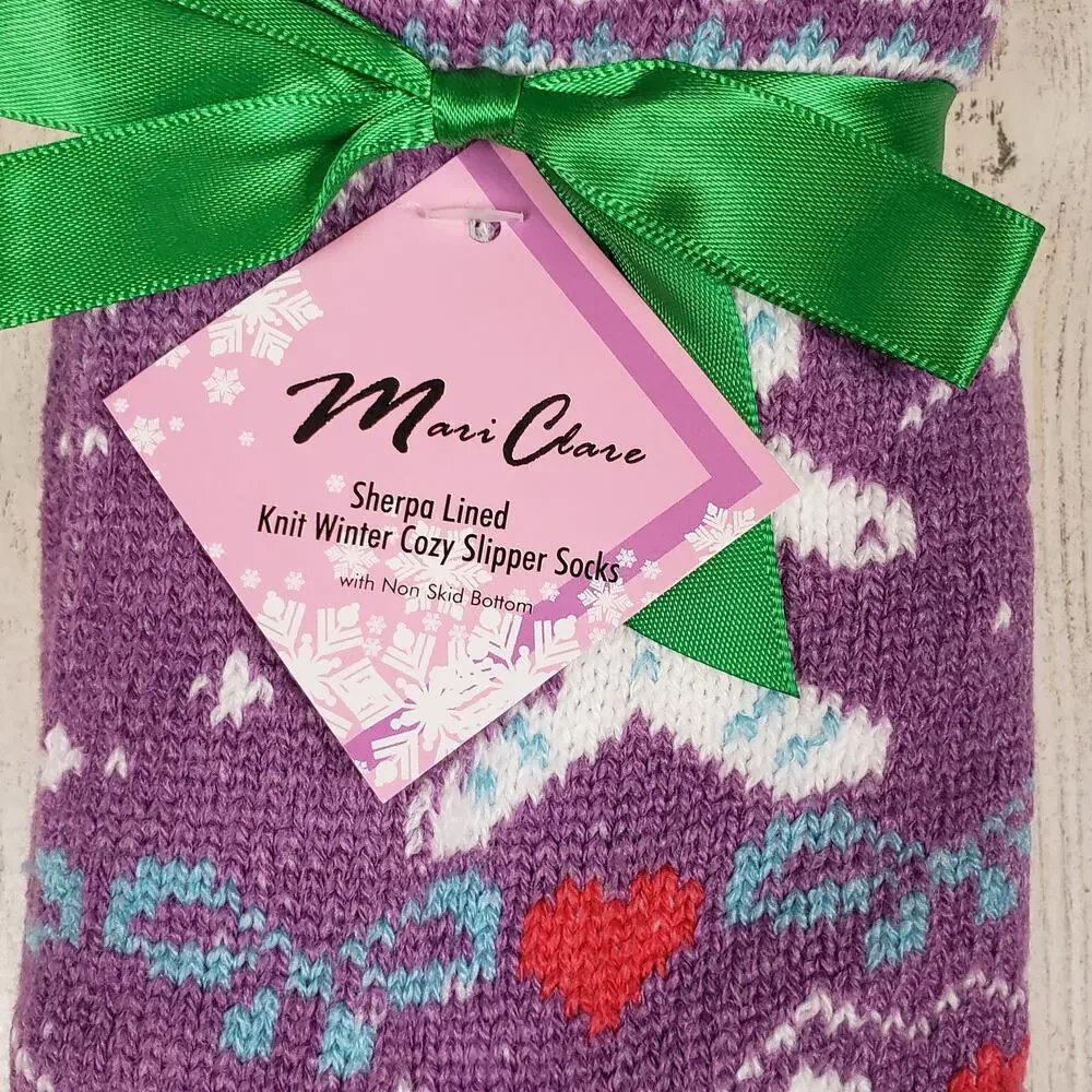 NWT Mari Clare Sherpa Lined Knit Winter Holiday Design No-Slip Slipper Socks
